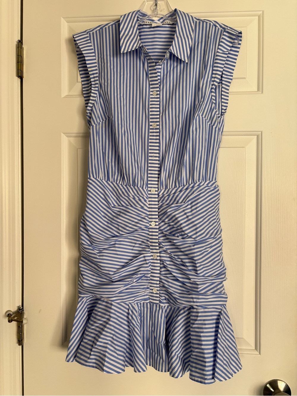 Veronica Beard Downing Blue White Stripe Ruched Button Shirt Dress - Size 4